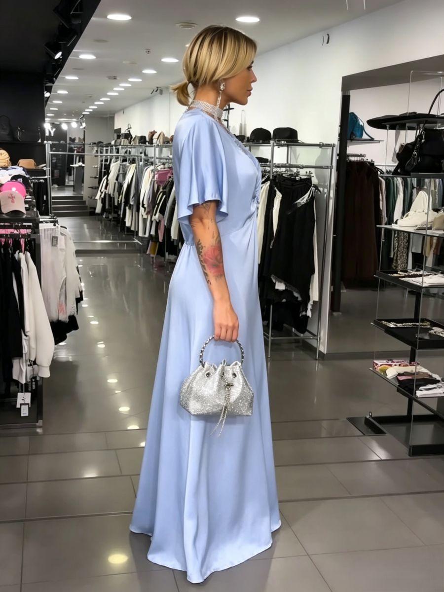 Light Blue Lace Trim Satin Maxi Dress