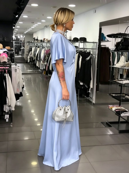Light Blue Lace Trim Satin Maxi Dress
