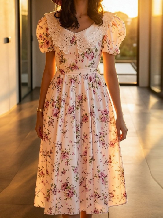 Pink Floral Lace Collar Puff Sleeve Midi Dress