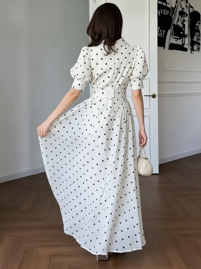Vintage-Inspired White Polka Dot Maxi Dress