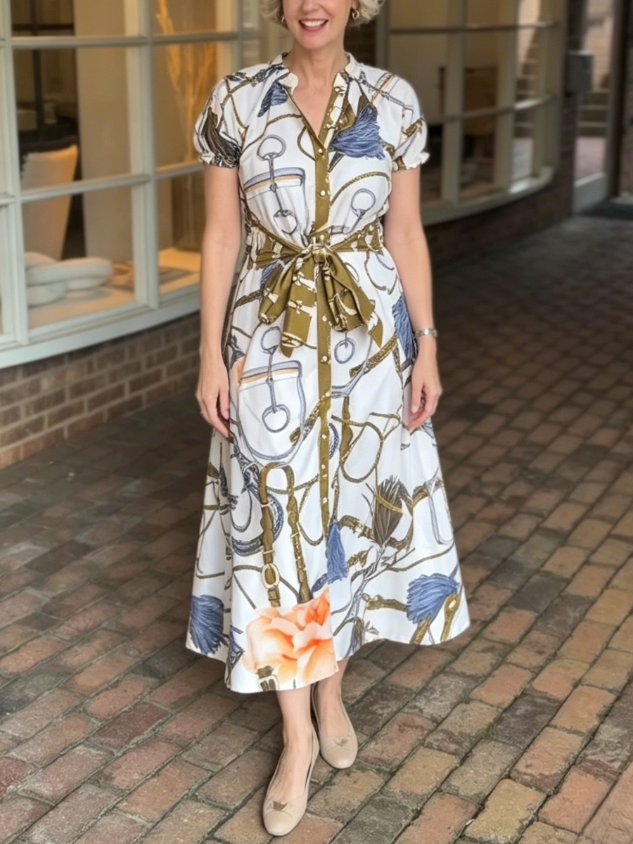 Horse Bit Print Self Tie Waist Collared Midi Dress