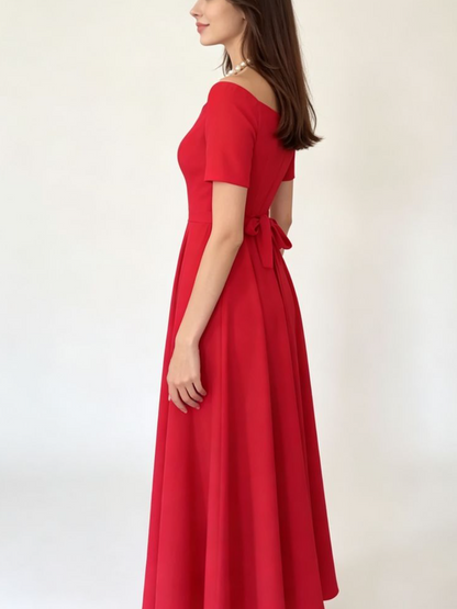 Red Off Shoulder Belted Midi Party Dress