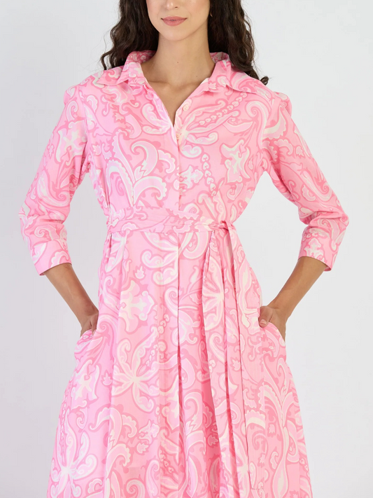 Pink Paisley Print Belted Midi Shirt Dress