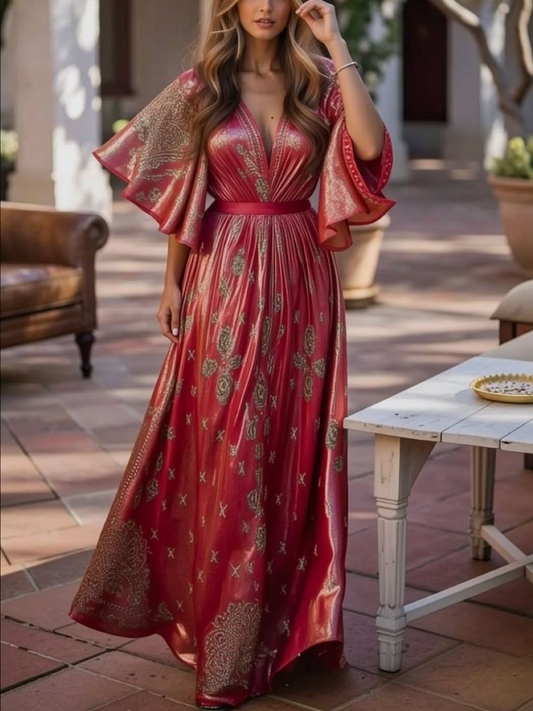 Red Metallic Paisley Print Maxi Dress