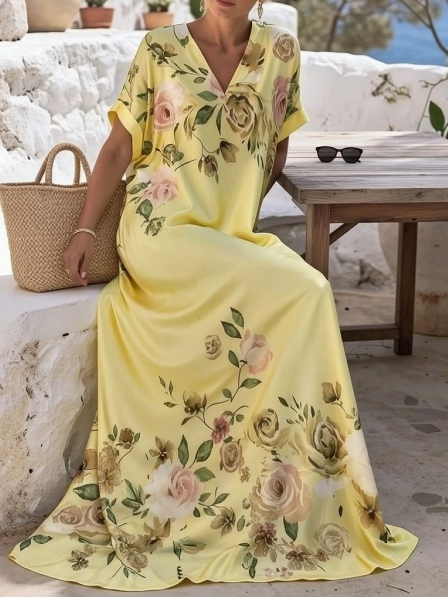 Yellow Floral V Neck Satin Maxi Kaftan Dress