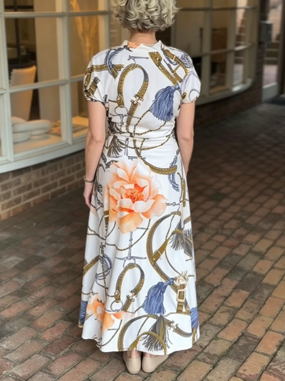 Horse Bit Print Self Tie Waist Collared Midi Dress