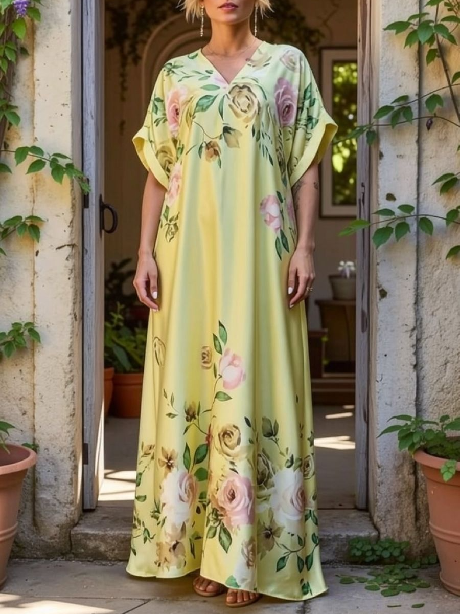 Yellow Floral V Neck Satin Maxi Kaftan Dress