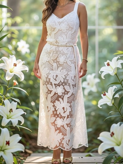 White Floral Lace Belted Midi Dress