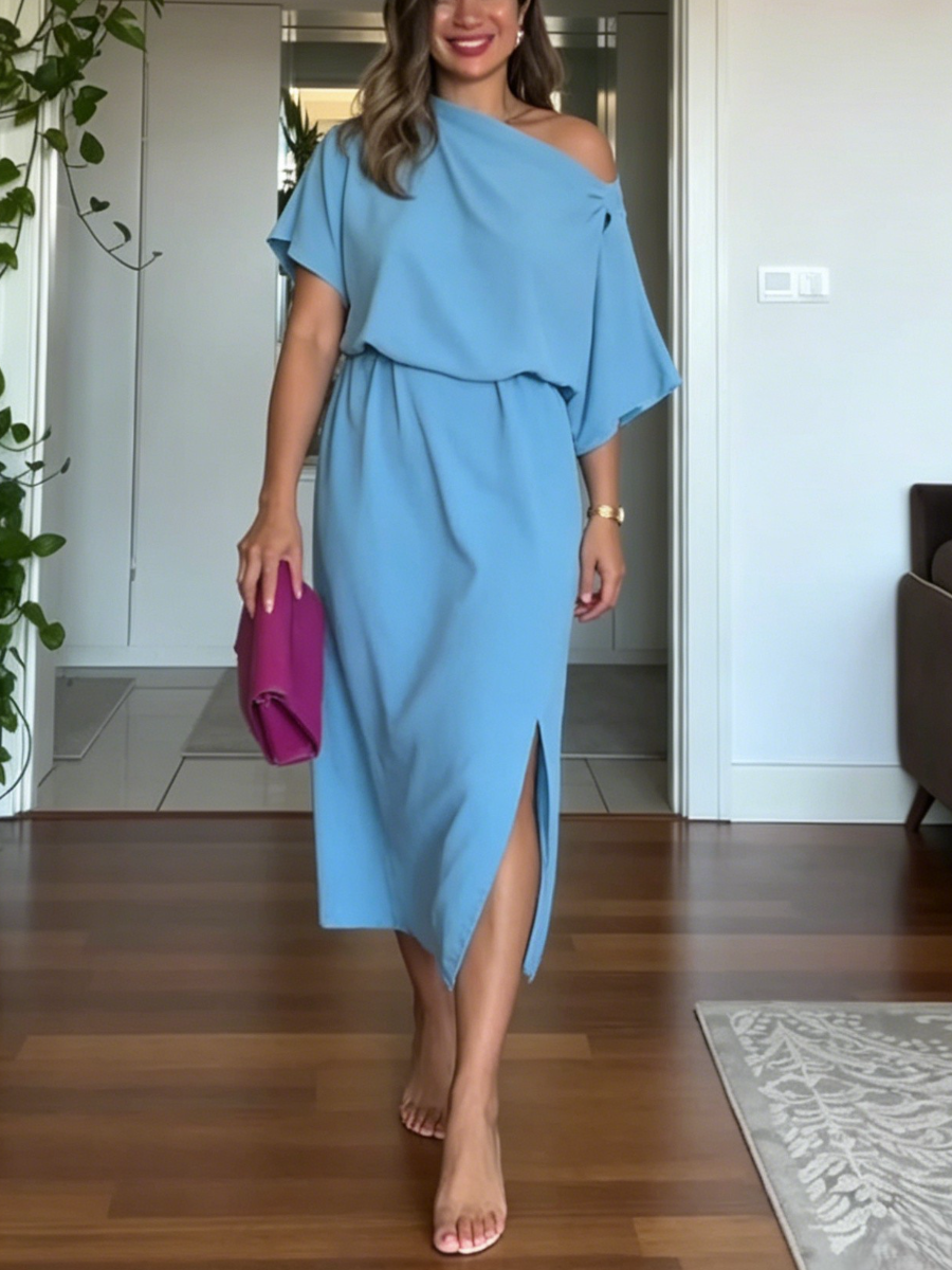 Draped Waist Side Slit Cold Shoulder Casual Midi Dress