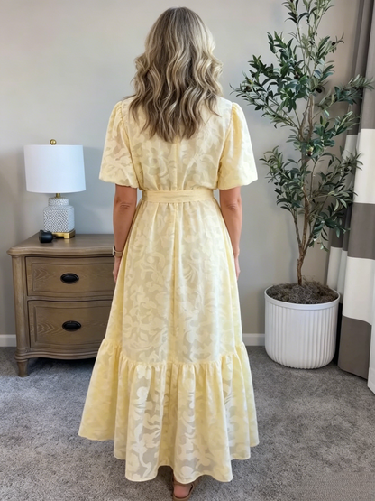 Light Yellow Puff Sleeve Floral Maxi Dress