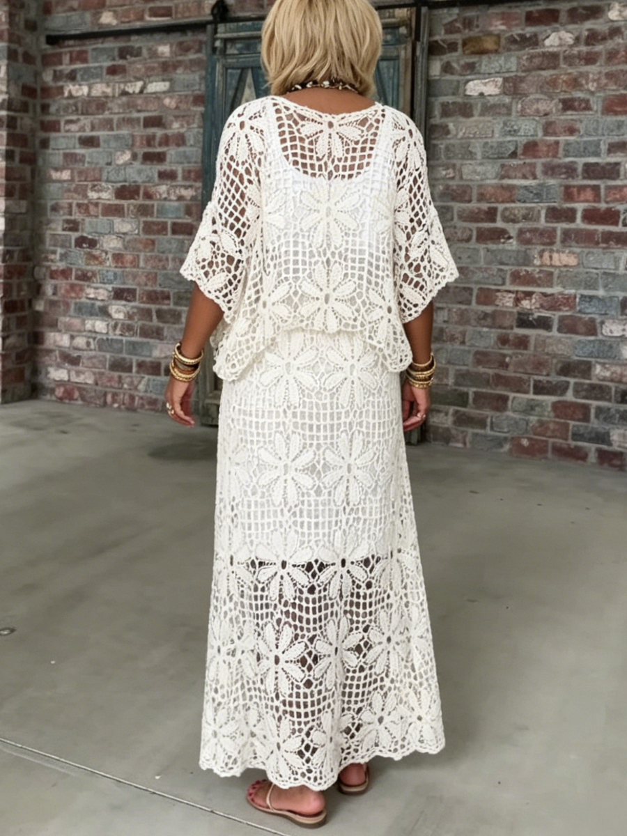 Boho Hollow Crochet Two Piece Dress Set