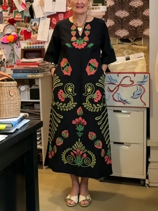Vibrant Floral Embroidered Black Maxi Dress