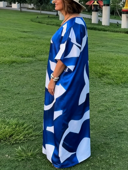 Oversized Abstract Print Satin Beach Caftan Maxi Dress