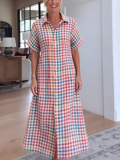 Plaid Check Waist Tie Side Slit Shirt Maxi Dress