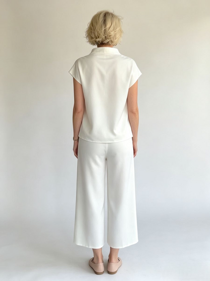 White Mock Neck Satin Two Piece Wide Leg Pant Set