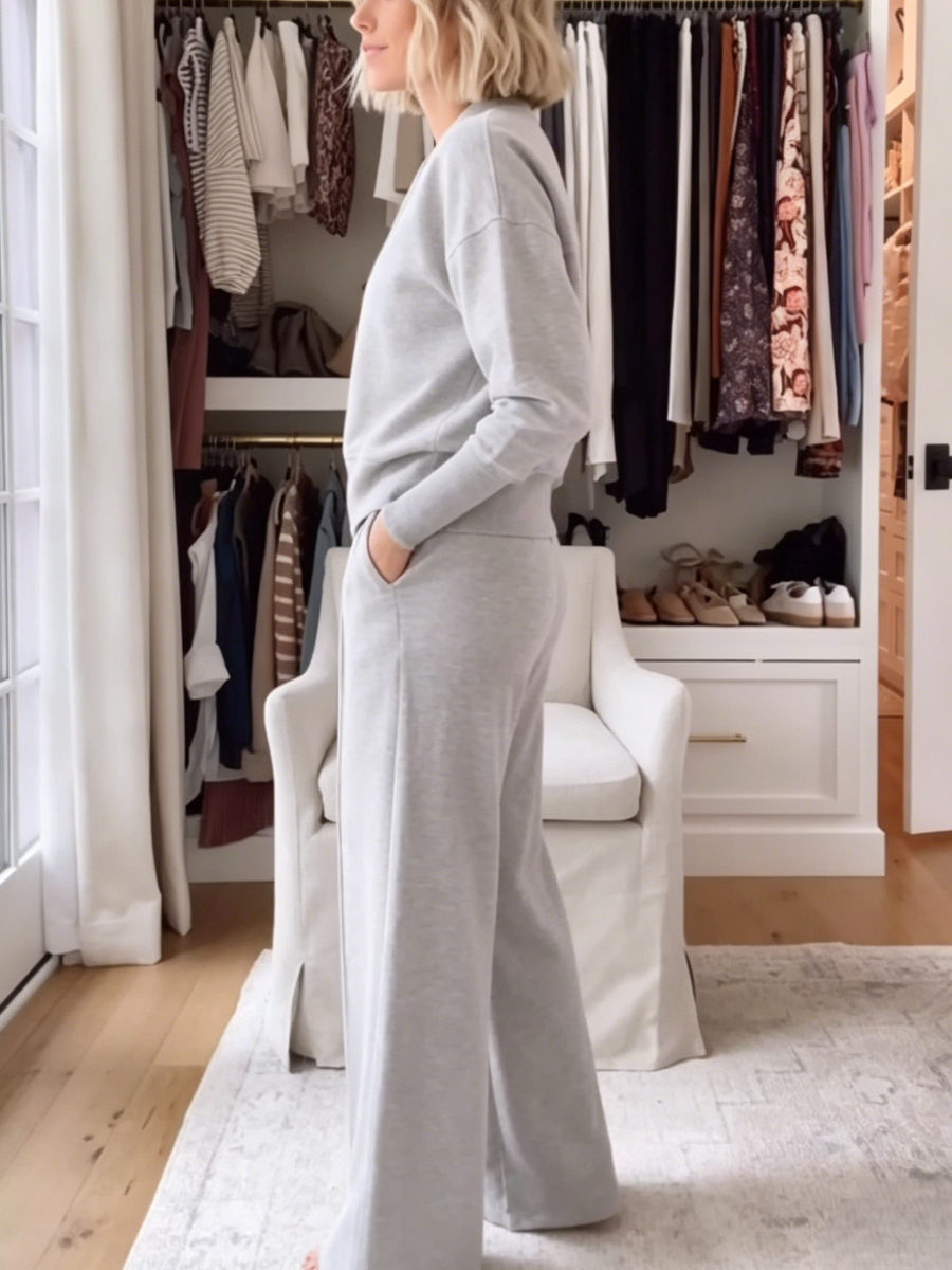 Light Gray V-Neck Loungewear Set
