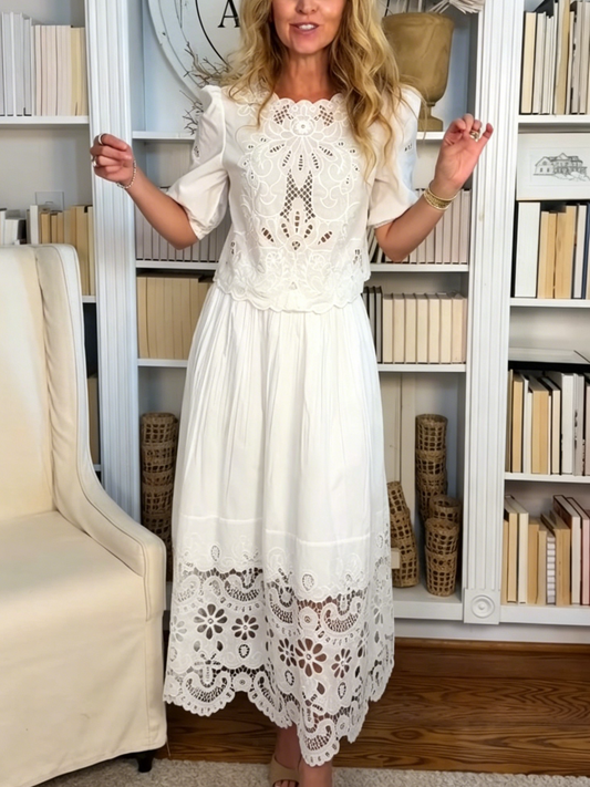 White Lace Top & Skirt Two-Piece Set