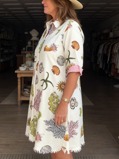 Coastal Marine Life Print Collared Loose Shirt Dress