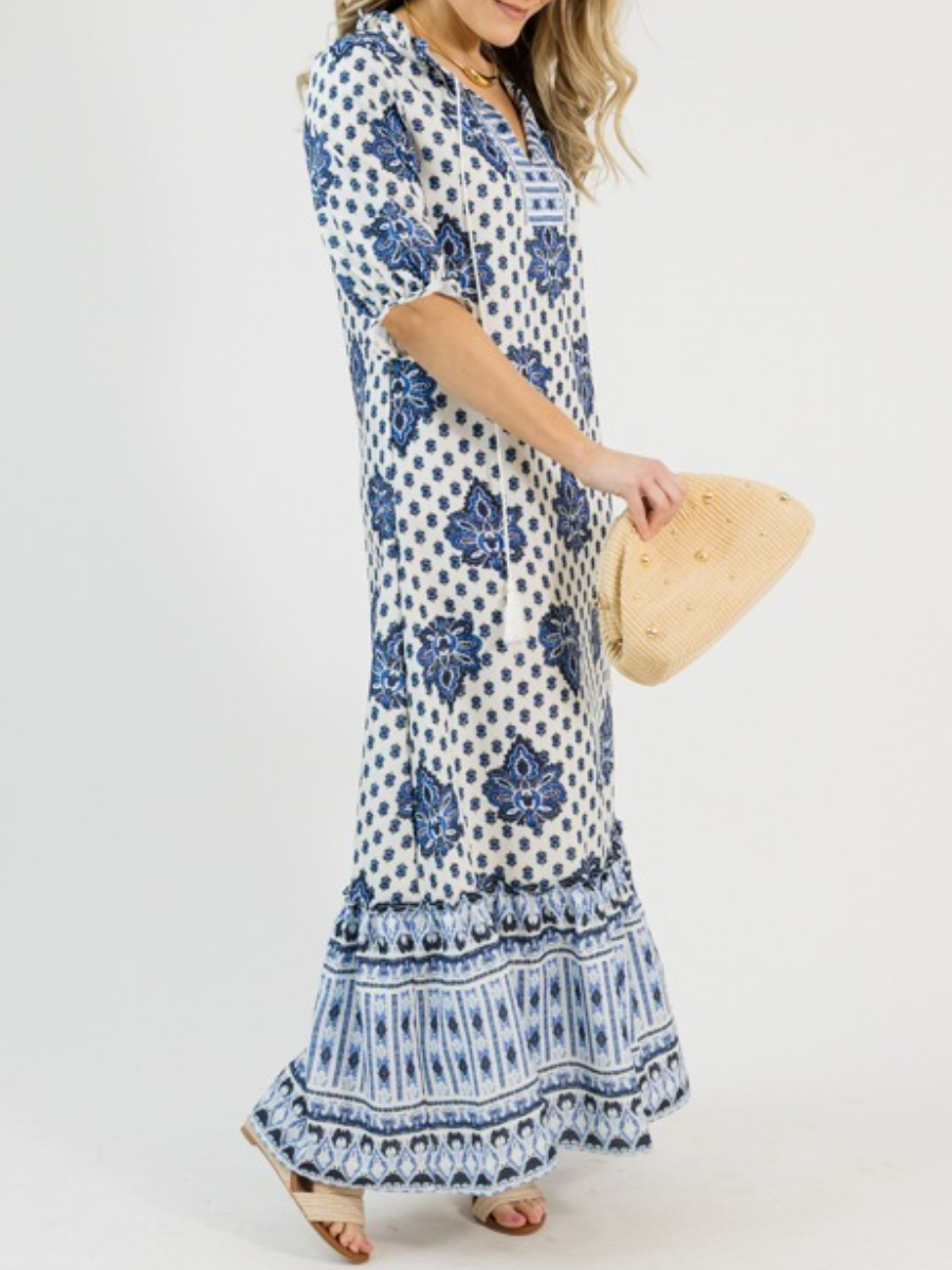 Blue White Boho Print Tiered Maxi Dress