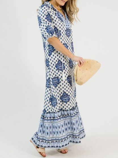 Blue White Boho Print Tiered Maxi Dress