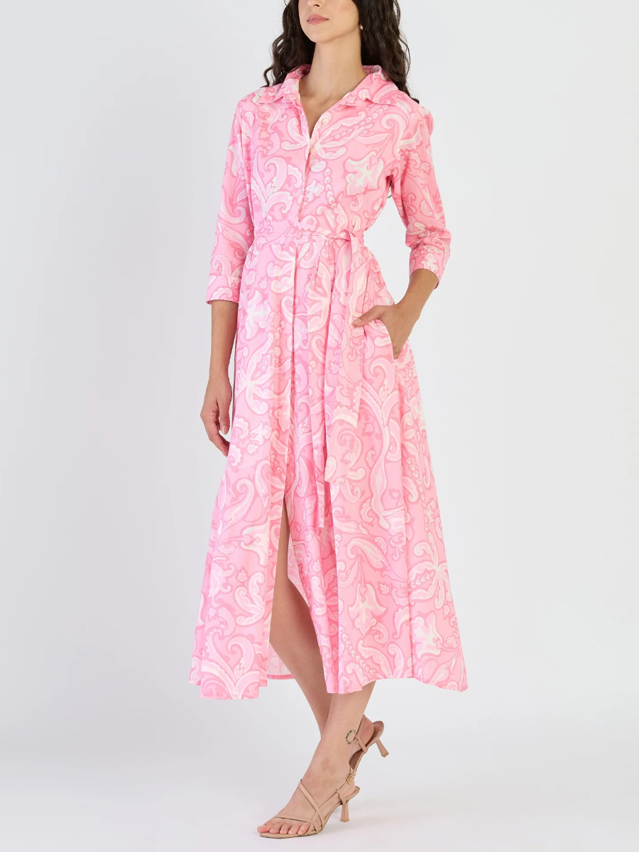 Pink Paisley Print Belted Midi Shirt Dress