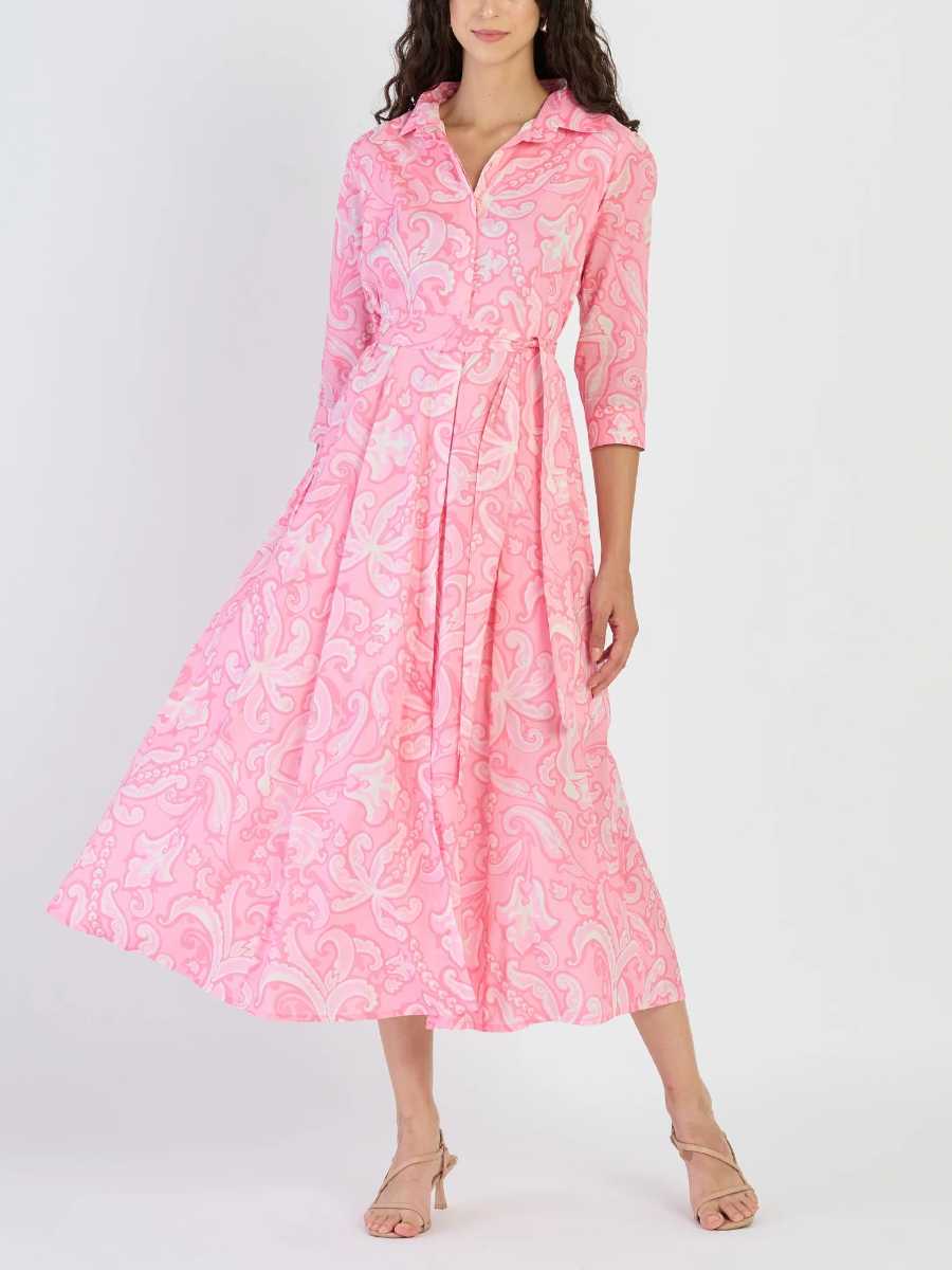 Pink Paisley Print Belted Midi Shirt Dress