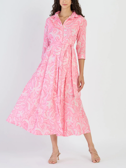 Pink Paisley Print Belted Midi Shirt Dress