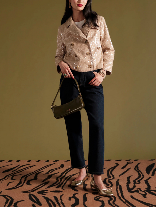 Sequin Moto Cropped Jacket-Champagne