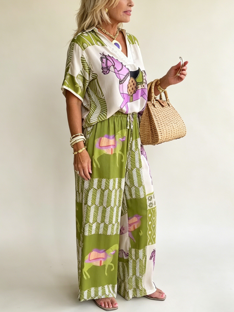 Equestrian Horse Print Satin Matching Two Piece Lounge Set Top & Palazzo Pants
