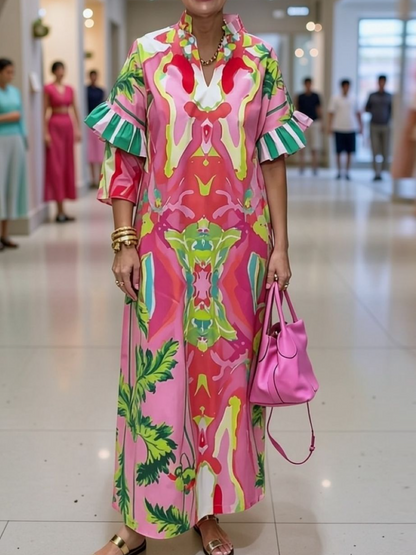 Pink Abstract Tropical Print Stand Collar Ruffle Cuff Loose Maxi Kaftan Dress