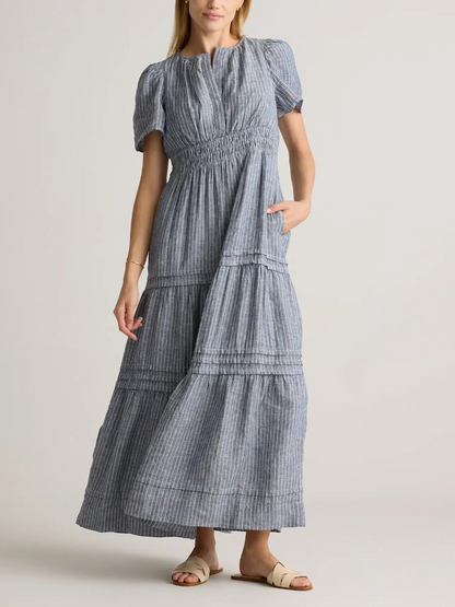 Blue Stripe Smocked Tiered Maxi Dress