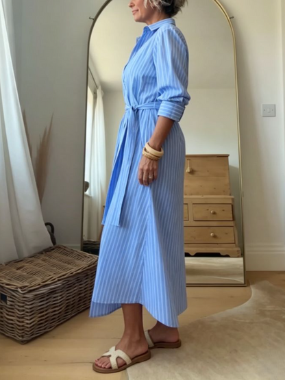 Blue Striped Belted Midi Shirt Dress