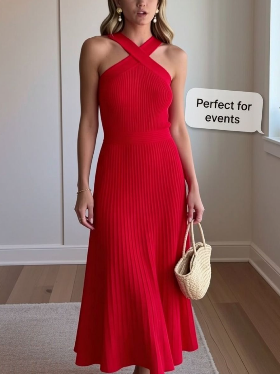 Elegant Red Halter Pleated Midi Event Dress
