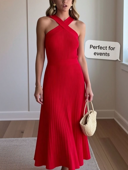 Elegant Red Halter Pleated Midi Event Dress