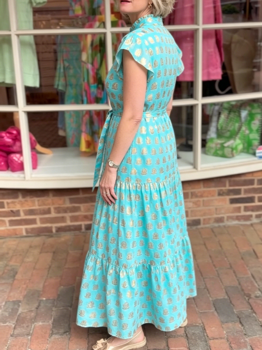 Bright Turquoise Gold Print Tiered Maxi Dress