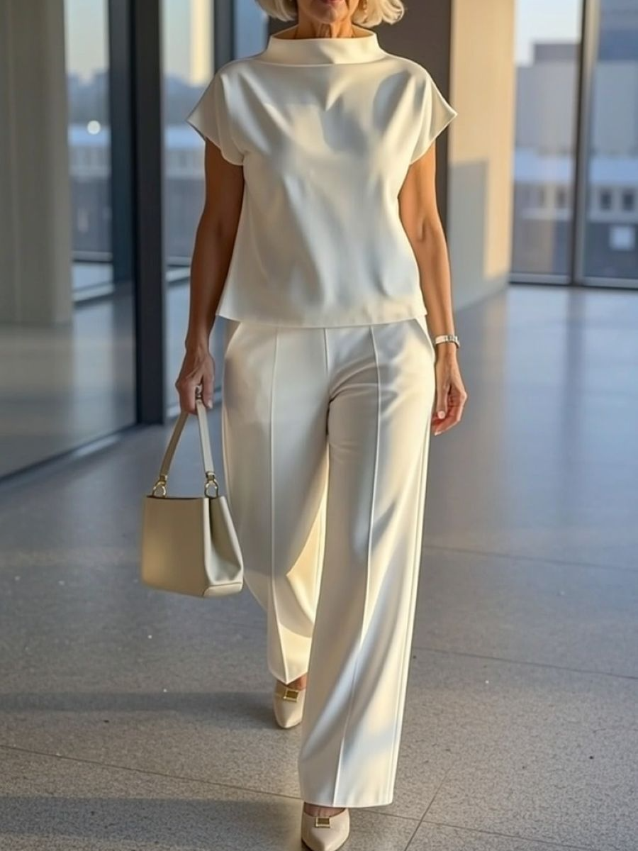 White Mock Neck Satin Two Piece Wide Leg Pant Set