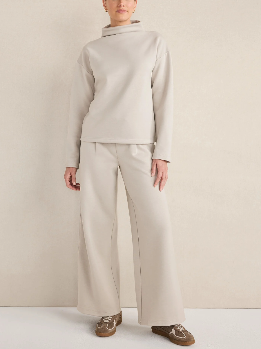 Relaxed Fit Funnel Neck Top & Wide Leg Pant Set