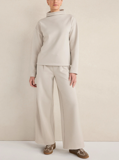 Relaxed Fit Funnel Neck Top & Wide Leg Pant Set