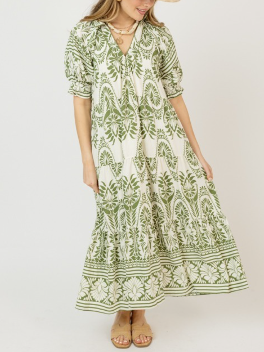 Green Boho Print Tiered Maxi Dress