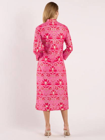 Stand Collar V-Neck Gold Foil Print Dress