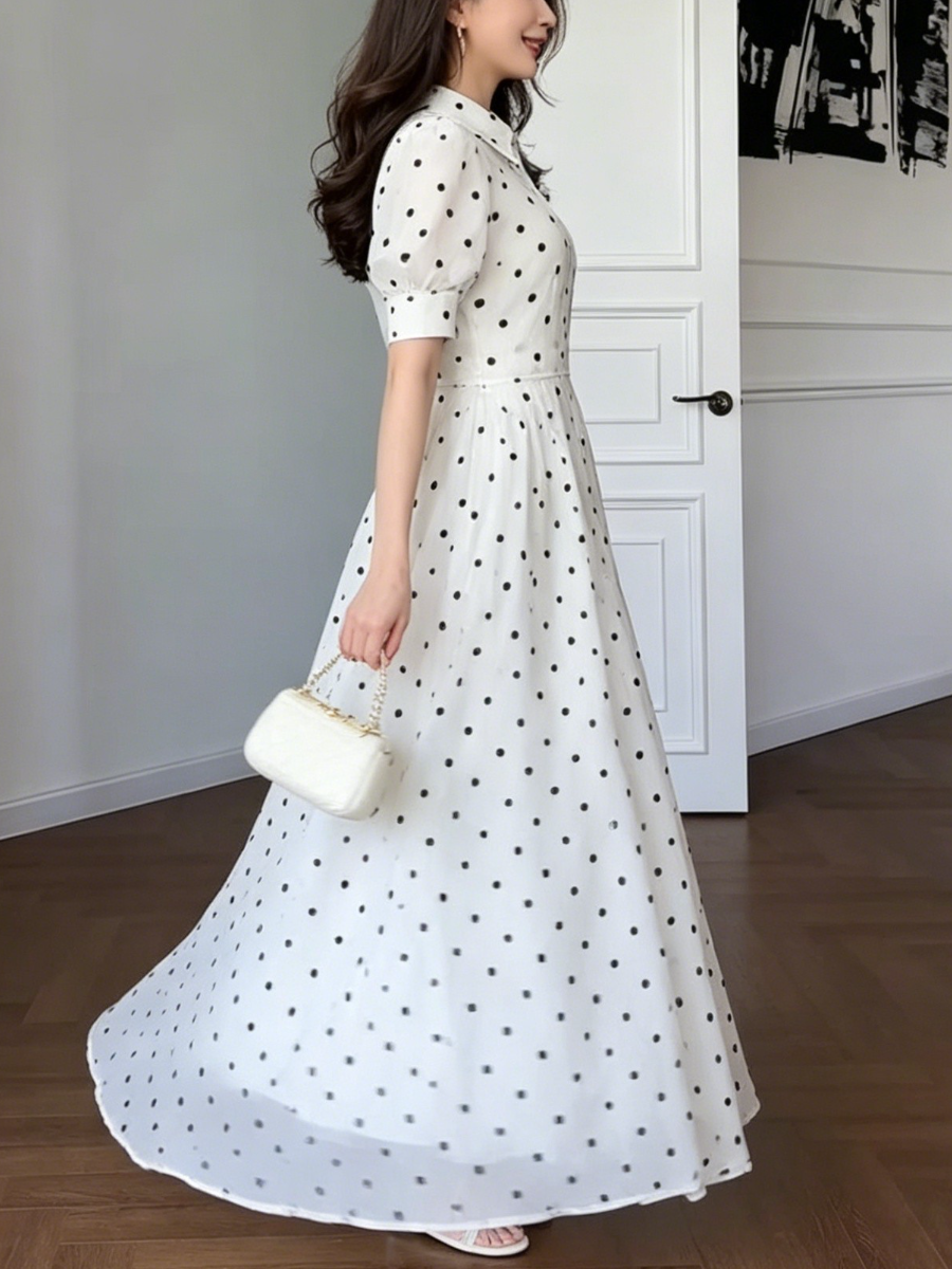 Vintage-Inspired White Polka Dot Maxi Dress