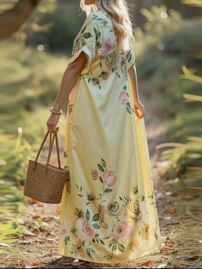 Yellow Floral V Neck Satin Maxi Kaftan Dress