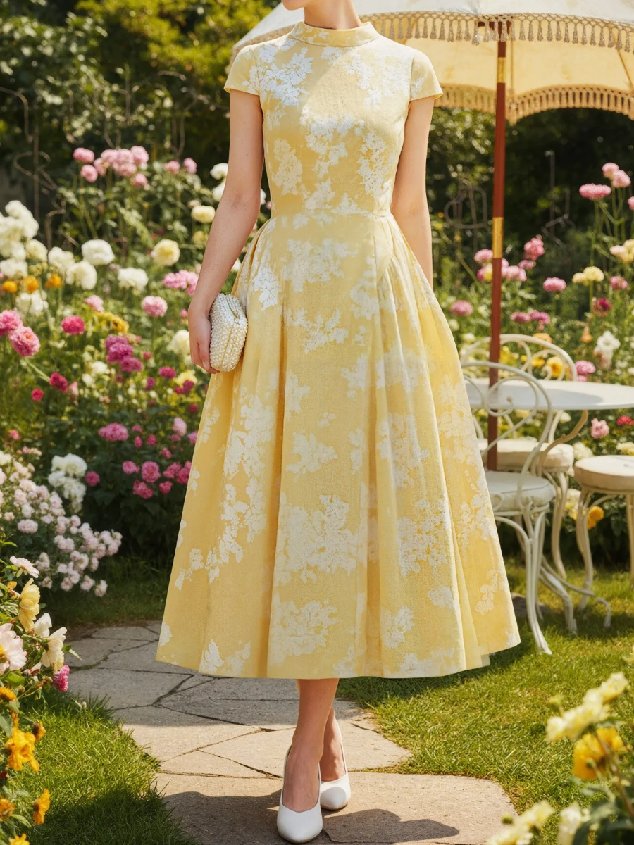 Yellow Floral Jacquard Midi Dress