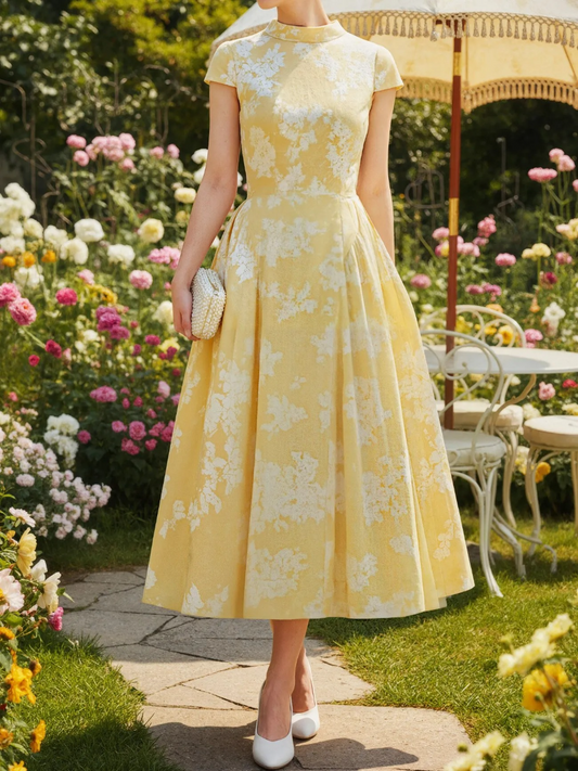 Yellow Floral Jacquard Midi Dress