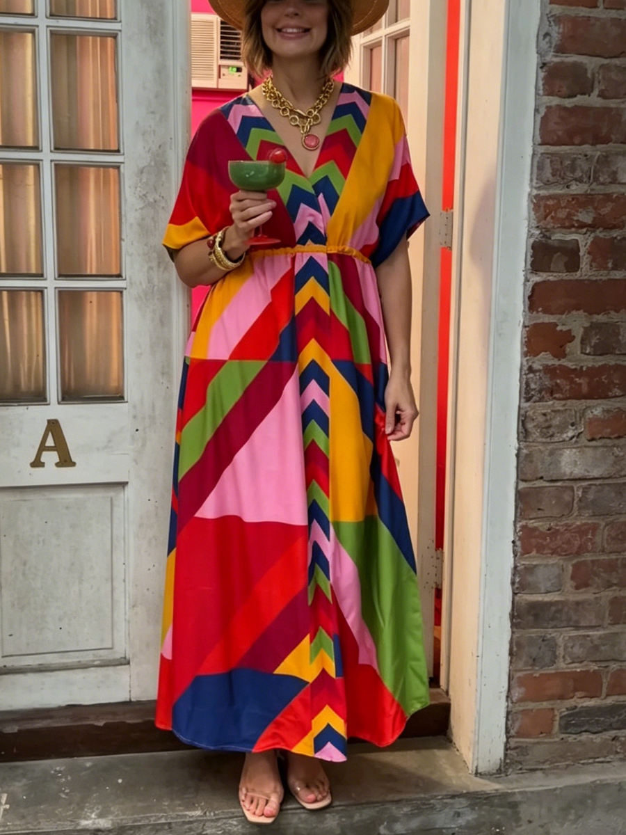 Bright Color Block Abstract Print Loose Fit Maxi Dress