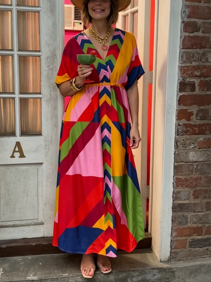 Bright Color Block Abstract Print Loose Fit Maxi Dress