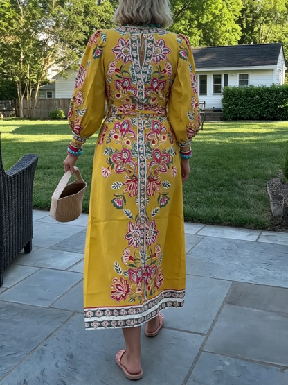 Puff Sleeve Boho Floral Midi Dress
