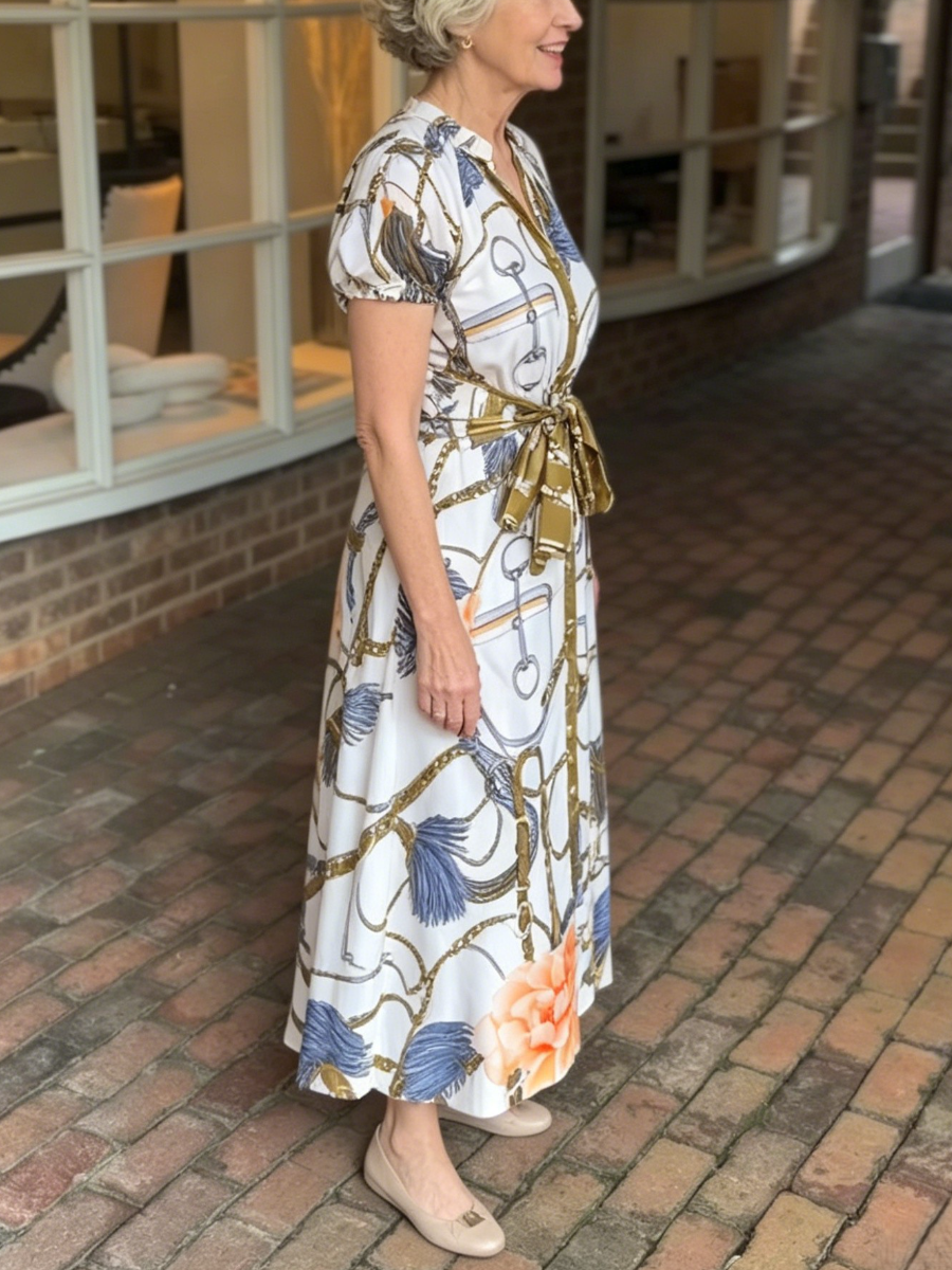 Horse Bit Print Self Tie Waist Collared Midi Dress