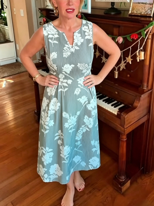Vintage-Inspired Blue Floral Sleeveless Midi Dress