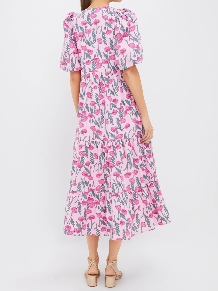 Boho Botanical Print Flowy Midi Dress
